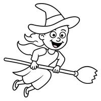 cartoon witch flying on a broomstick with a pointed hat and wide grin, illustration line art vector