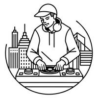 dynamic shot of a hip hop dj scratching on a turntable, vibrant neon light illuminating the vector