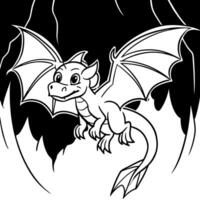 a tiny ferocious dragon flying in a vast dark cave, illustration line art vector