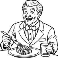 a happy old gentleman sitting by the table, holding a knife and a fork, ready to eat a piece of vector