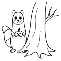 a squirrel wearing a ghost costume, peeking out from behind a tree, with candy corn scattered vector