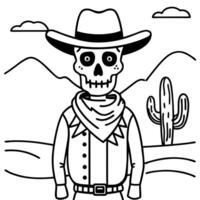skeleton cowboy with hat and desert background, illustration line art vector
