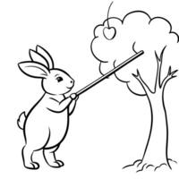 a rabbit used a long stick knockind the apple down from the apple tree, illustration line vector