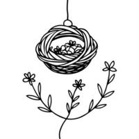 a nest suspended in mid-air by thin, flowing lines, with small, detailed flowers growing around the vector
