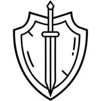 simple icon featuring a sword and shield rugged, battle-worn look, illustration line art vector