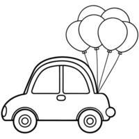 a clown car, small and compact, with rainbow stripes, and a bunch of balloons tied to the roof, vector