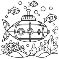 a submarine underwater, with fish swimming around and round windows, illustration line art vector