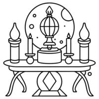 occultists table with crystal ball and candlesticks, illustration line art vector