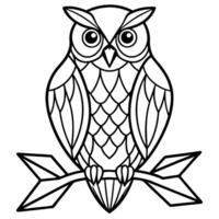 an elegant owl perched on a branch, its feathers detailed with thin geometric patterns, vector