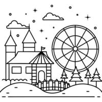 nighttime abandoned amusement park with sanatorium, ferris wheel, and foggy park background concept vector