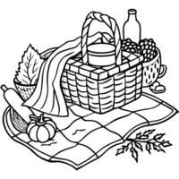 a picnic scene with a blanket and a basket of food, illustration line art vector