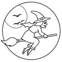 a witch flying on a broomstick over a full moon, illustration line art vector