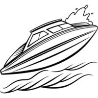 a sleek speedboat cutting through the waves with a fun design, illustration line art vector