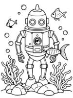 a deep-sea robot exploring the ocean floor, with glowing fish and coral surrounding it children can vector
