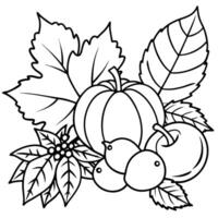 autumn leaves and autumn fruits on white background with copy space, illustration line art vector