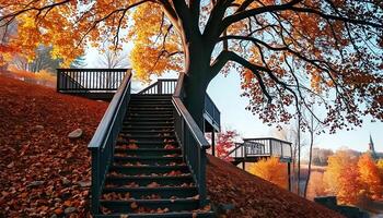 a staircase leading up to a tree in the fall photo