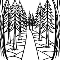 dark forest scene with a clear path among the trees, illustration line art vector