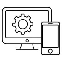 a computer monitor and iphone with a settings gear on top, illustration line art vector