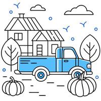 blue truck or lorry against world map and surrounded by orange pumpkins, fallen leaves, and tiny vector