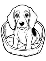 a beagle puppy with floppy ears, sitting in a cozy dog bed with a playful expression, vector