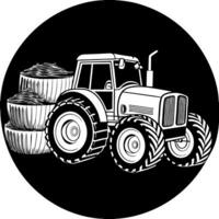 image is a stylized, monochromatic graphic featuring a white silhouette of a tractor on a black vector