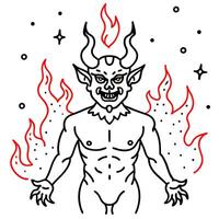 demon from hell with burning red glowing flames and particles in mystical place, vector