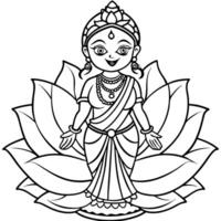laxmi mata on white background with eyes and caricature style standing on lotus inidan saree vector