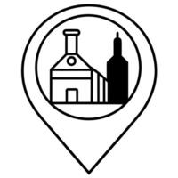 a map marker with a distillery building silhouette, illustration line art vector
