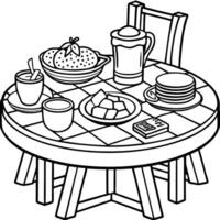 breakfast table simple black-and-white coloring image for kids, illustration line art vector