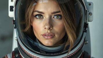 Close-Up of Female Astronaut in Space Helmet. A detailed close-up of a female astronaut, with focused eyes and a helmet reflecting a space environment. video