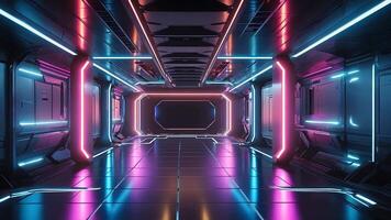 Futuristic Neon Lit Sci-Fi Corridor in Space Station. A brightly lit, high-tech sci-fi hallway illuminated by neon pink and blue lights in a futuristic space station. video