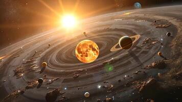 Spectacular Solar System with Planets Orbiting a Glowing Star. A mesmerizing solar system view featuring multiple planets and asteroids revolving around a vibrant, glowing central star. video