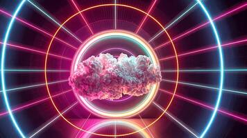 Futuristic Neon Tunnel with Floating Cloud. A surreal glowing neon tunnel surrounds a floating pink cloud, creating a vibrant futuristic atmosphere. video