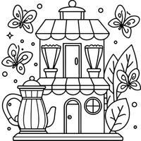 a charming and whimsical outlined scene of a coffee shop shaped as an italian coffee maker, vector