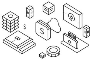 isometric finance background with 3d money icons and tech elements, illustration line art vector
