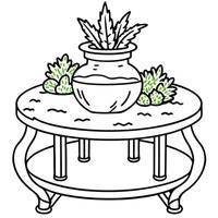 a druids potion table with moss and greenery, illustration line art vector
