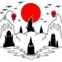dark ghostly souls all gathered in hell with red horizon floating silhouettes, illustration vector