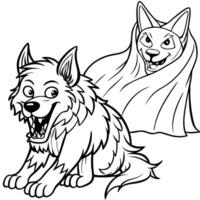 a werewolf and a ghost playing hide-and-seek, illustration line art vector