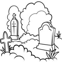 eerie graveyard setting with antique gravestones and fog, illustration line art vector