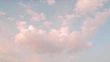 flauschige Rosa Wolken gegen ein still Blau Himmel. weich, Pastell- Rosa Wolken schweben sanft über ein heiter Blau Himmel, hervorrufen Gefühle von Frieden, ruhig, und Entspannung mit ein berühren von traumhaft Schönheit. video