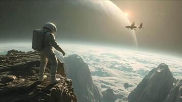 Astronaut on Alien Planet Overlooking Mountain Range. A lone astronaut stands on a rocky cliff, gazing at an alien landscape with towering mountains and spacecraft flying overhead, evoking space video