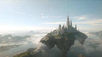 Majestic Floating Castle Above Misty Mountains. A grand castle sits on a floating island high above mist-covered mountains and rivers, evoking fantasy worlds and magical realms. video