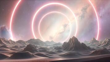Futuristic Landscape with Glowing Rings in the Sky. A surreal alien landscape features towering mountains and glowing concentric rings in the sky, evoking themes of science fiction and otherworldly video