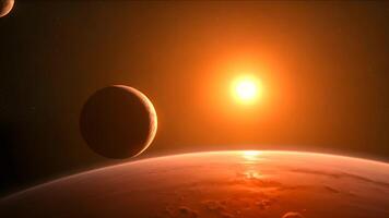 Distant Planet Orbiting a Glowing Sun in Space. A barren planet orbits near a bright, orange sun, with another celestial body in the distance, capturing the vastness and mystery of outer space. video
