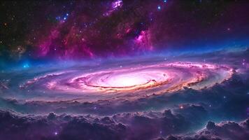Vibrant Spiral Galaxy Surrounded by Cosmic Clouds. A stunning spiral galaxy with vibrant colors, surrounded by swirling clouds and distant stars, captures the vast beauty and mystery of the universe. video