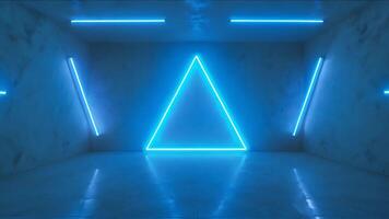 Futuristic Neon Triangle with Blue Light Strips. A minimalist room features glowing blue neon lights, with a large triangle as the centerpiece, evoking modern design and sci-fi aesthetics. video
