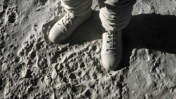 Astronaut Boots on Rocky Lunar Surface. A close-up of an astronaut boots standing on a rugged, cratered lunar surface, symbolizing space exploration and humanity presence on the moon. video