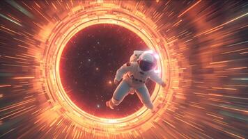 astronauta galleggiante attraverso un' ardente spazio portale. un astronauta derive attraverso un' incandescente, ardente portale nel spazio, simboleggiante futuristico esplorazione, tempo viaggiare, e cosmico avventura. video