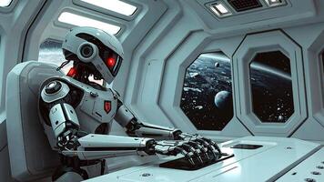 Robot in Spacecraft Command Center Overlooking Distant Planets video