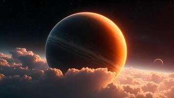 Giant Planet Rises Above Cloudy Horizon in Space. A massive planet emerges over thick clouds, illuminated by soft sunlight, evoking a sense of distant worlds and cosmic exploration. video
